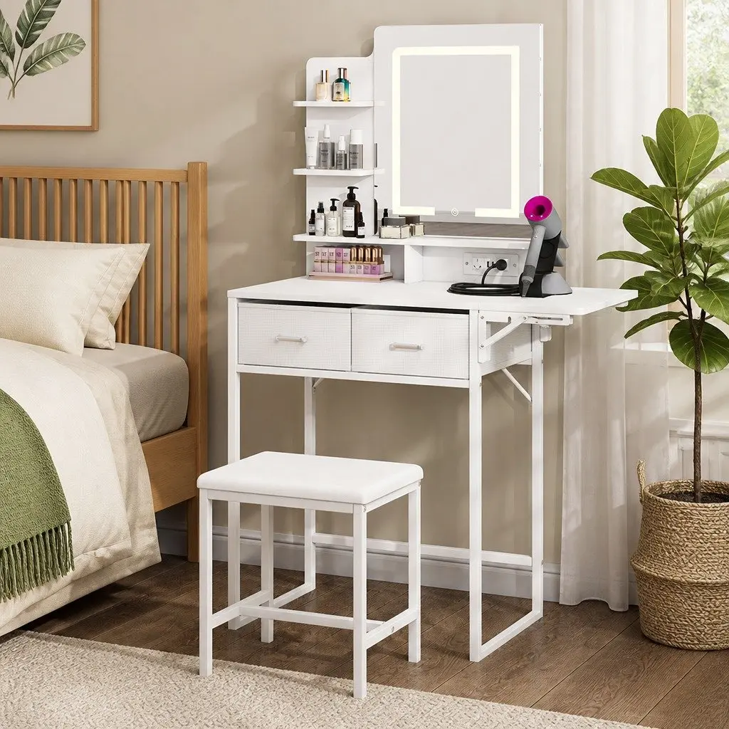 Dressing Table Vanity Desk LED Makeup Mirror Foldable Panel Stool Set White