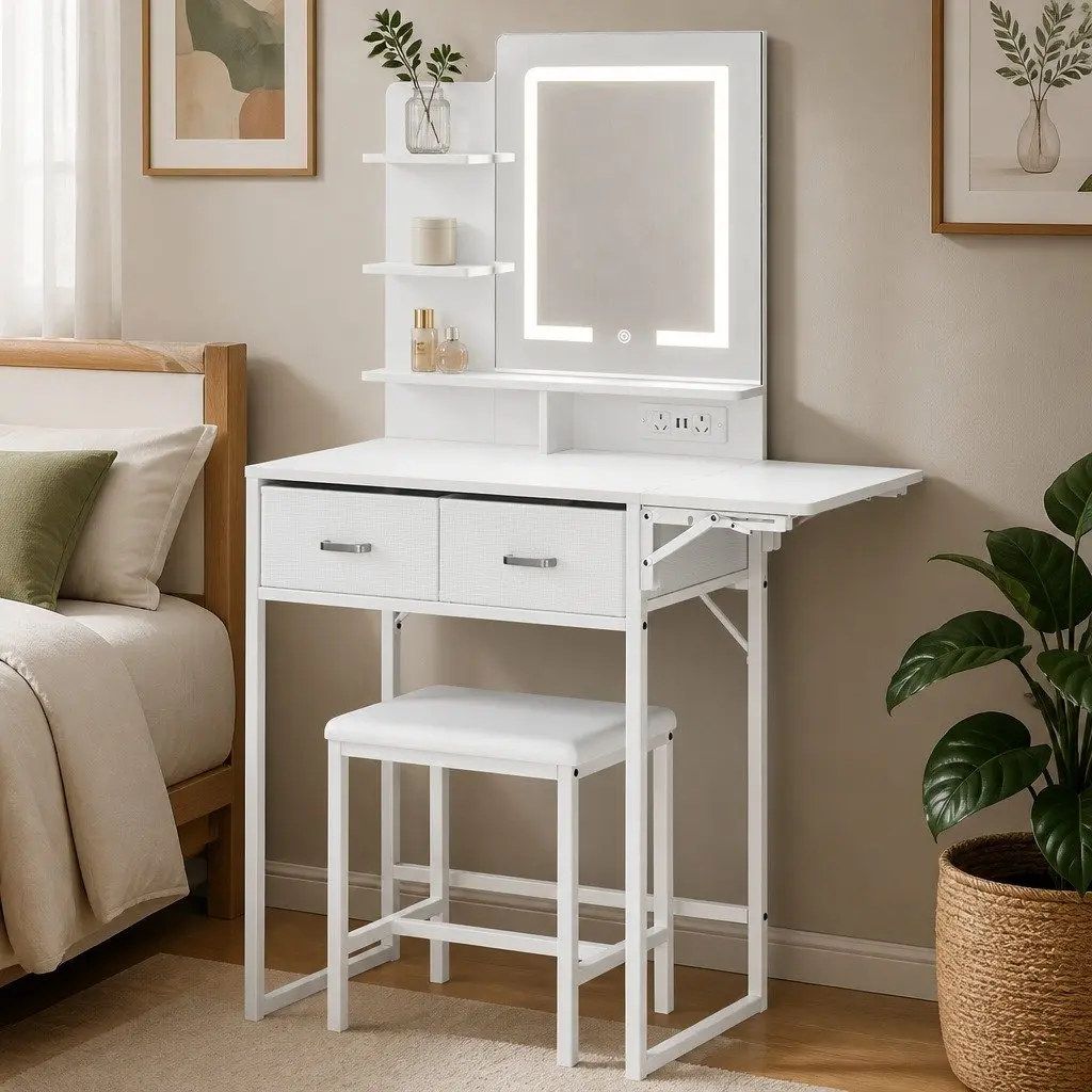 Dressing Table Vanity Desk LED Makeup Mirror Foldable Panel Stool Set White