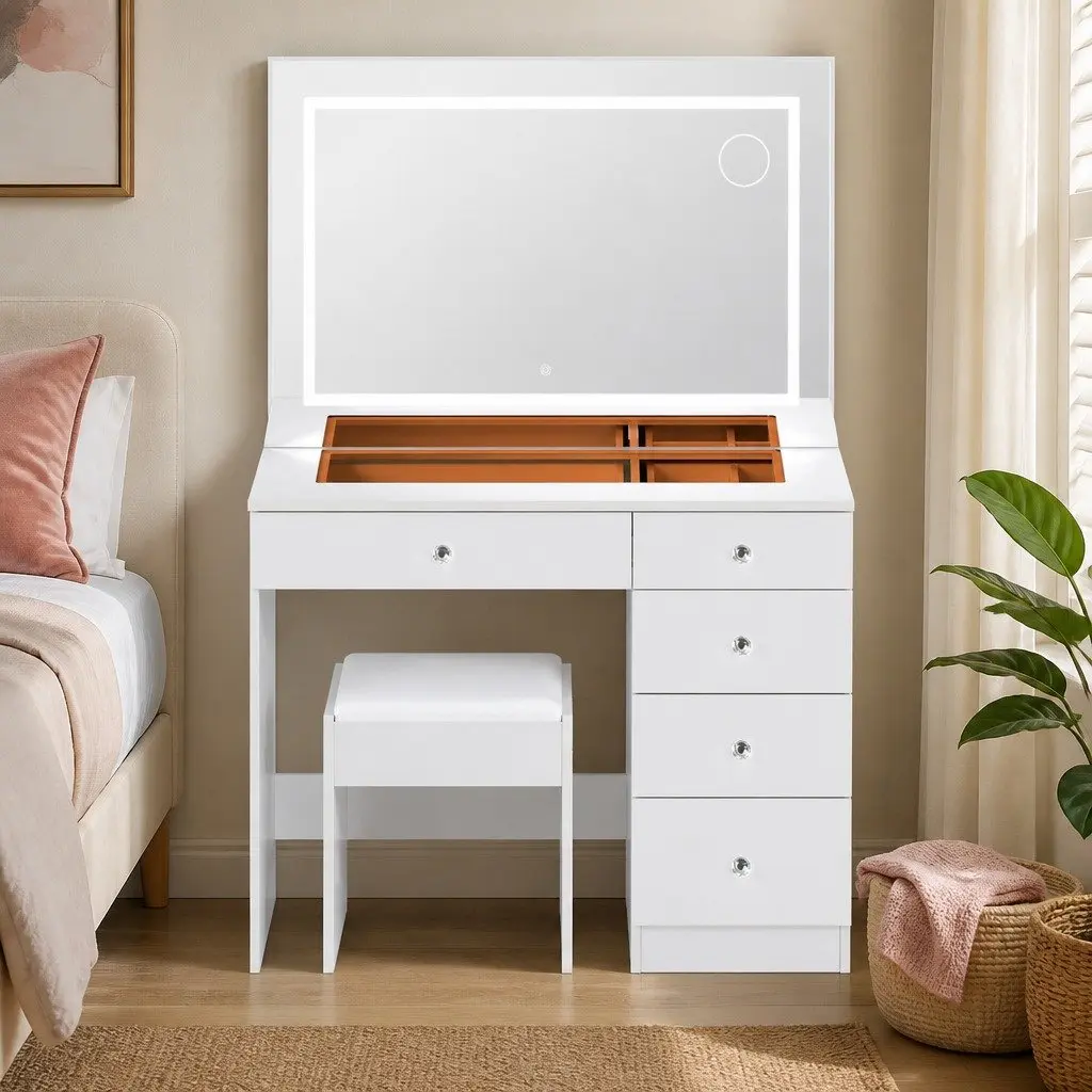 LED Vanity Desk Makeup Mirror Set 5 Drawers White