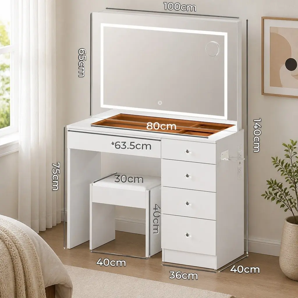 LED Vanity Desk Makeup Mirror Set 5 Drawers White