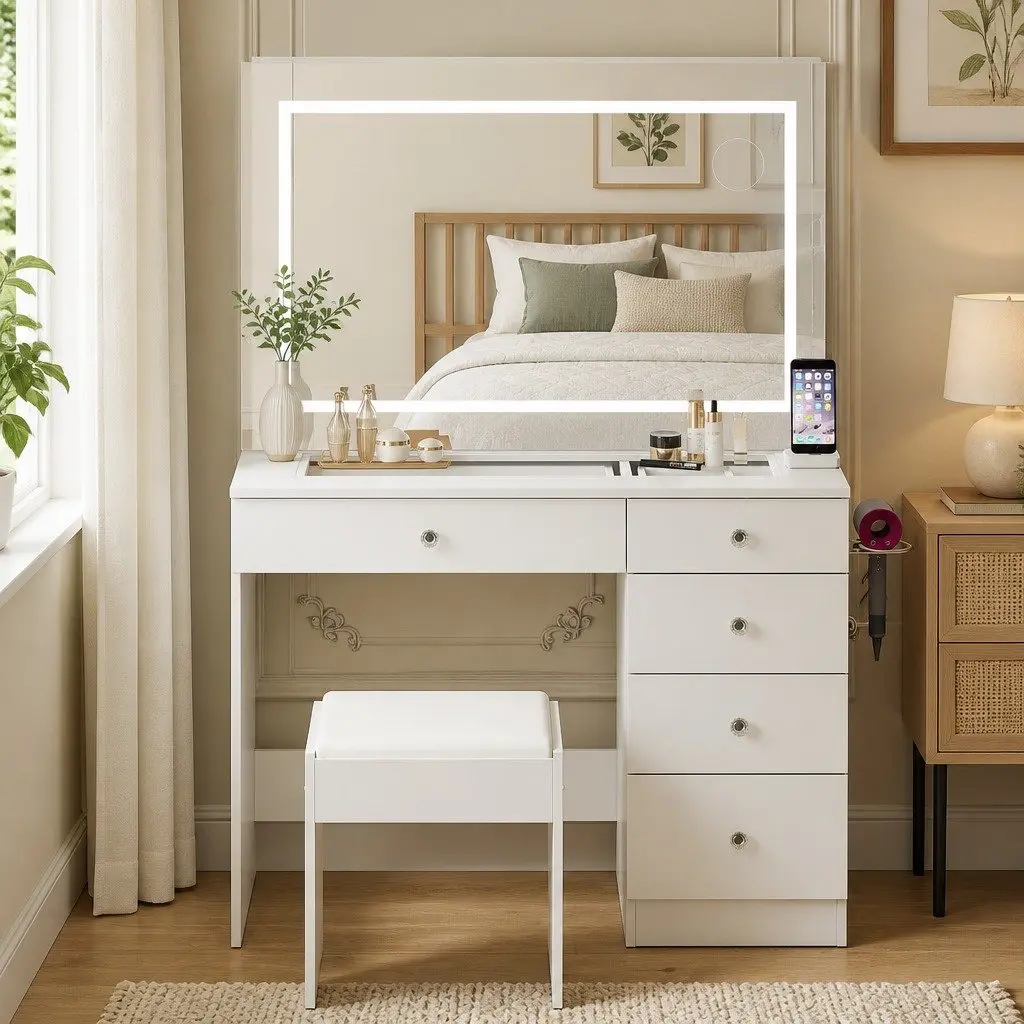 LED Vanity Desk Makeup Mirror Set 5 Drawers White