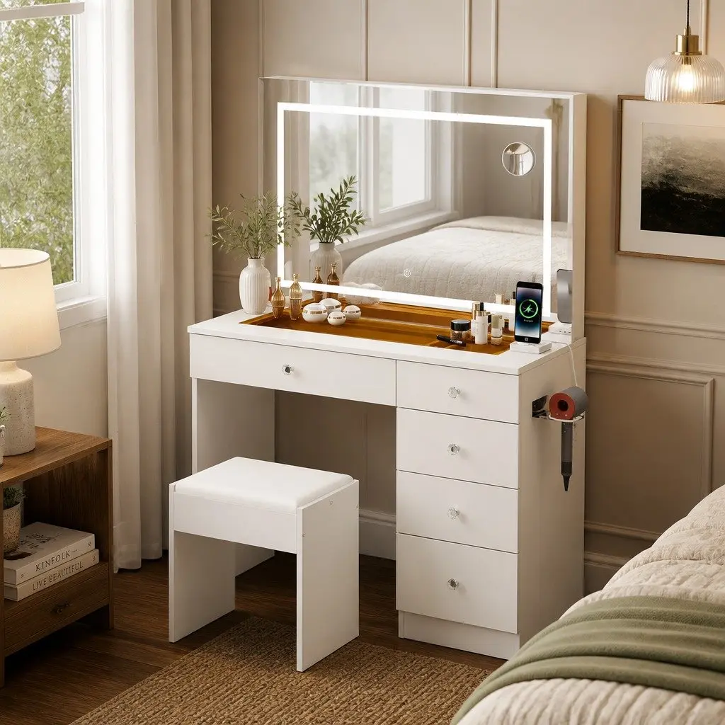 LED Vanity Desk Makeup Mirror Set 5 Drawers White