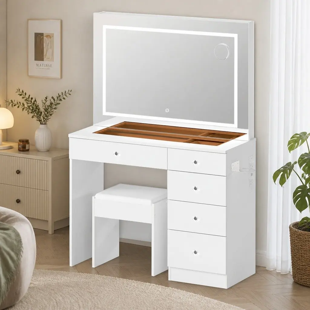 LED Vanity Desk Makeup Mirror Set 5 Drawers White