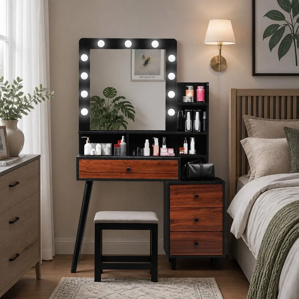 Dressing Table Stool Set Makeup Vanity LED Mirror Storage Drawer Bedroom Black Brown