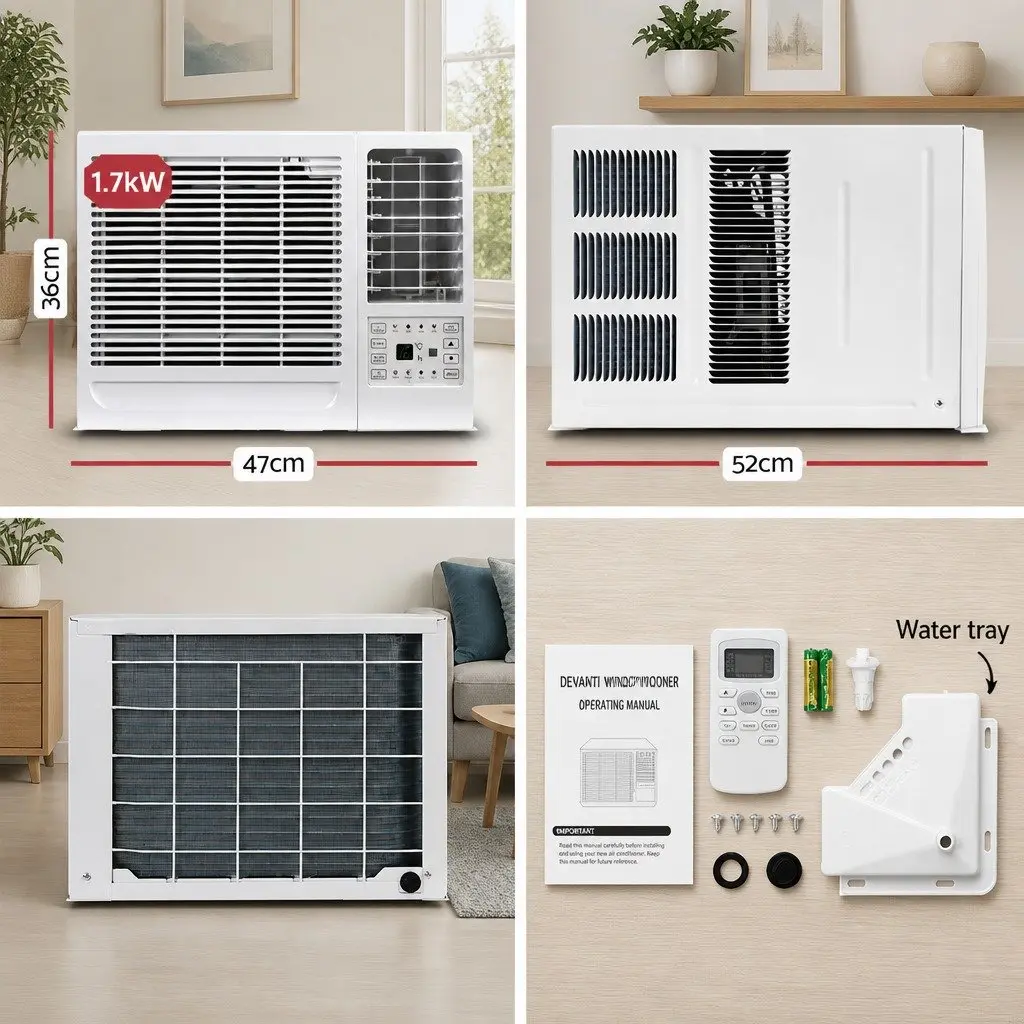 Window Air Conditioner 1.7kW Portable Cooling Unit Remote Control White