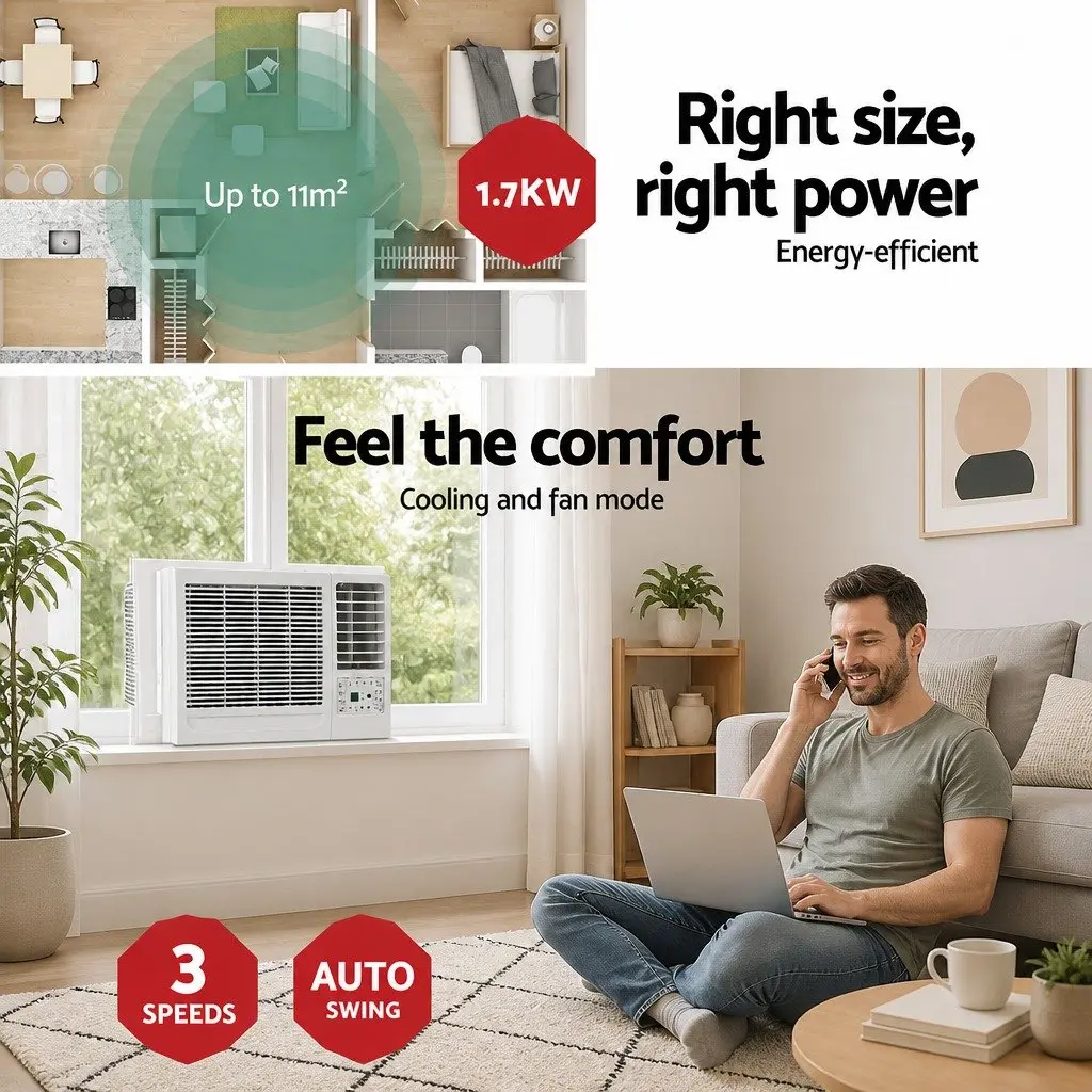 Window Air Conditioner 1.7kW Portable Cooling Unit Remote Control White