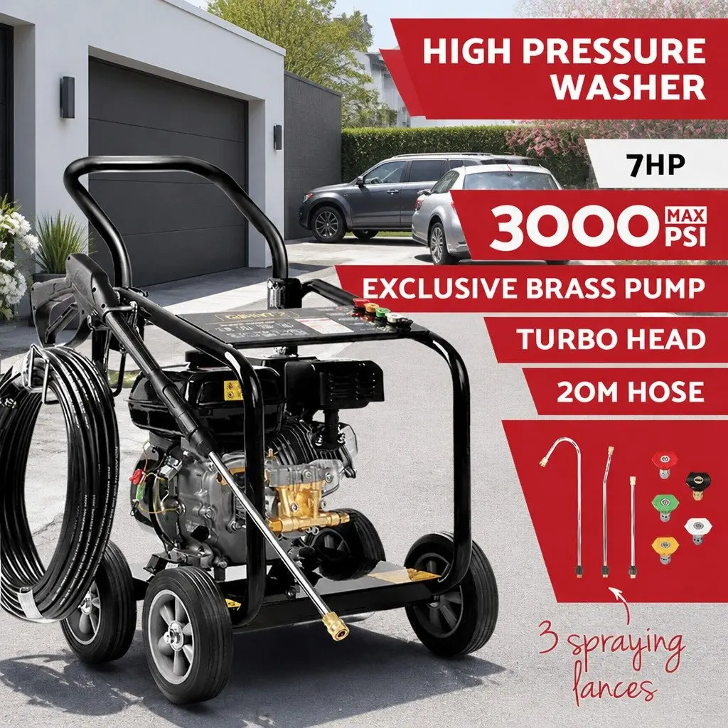 High Pressure Cleaner Washer Petrol 3000psi 20M Hose Black