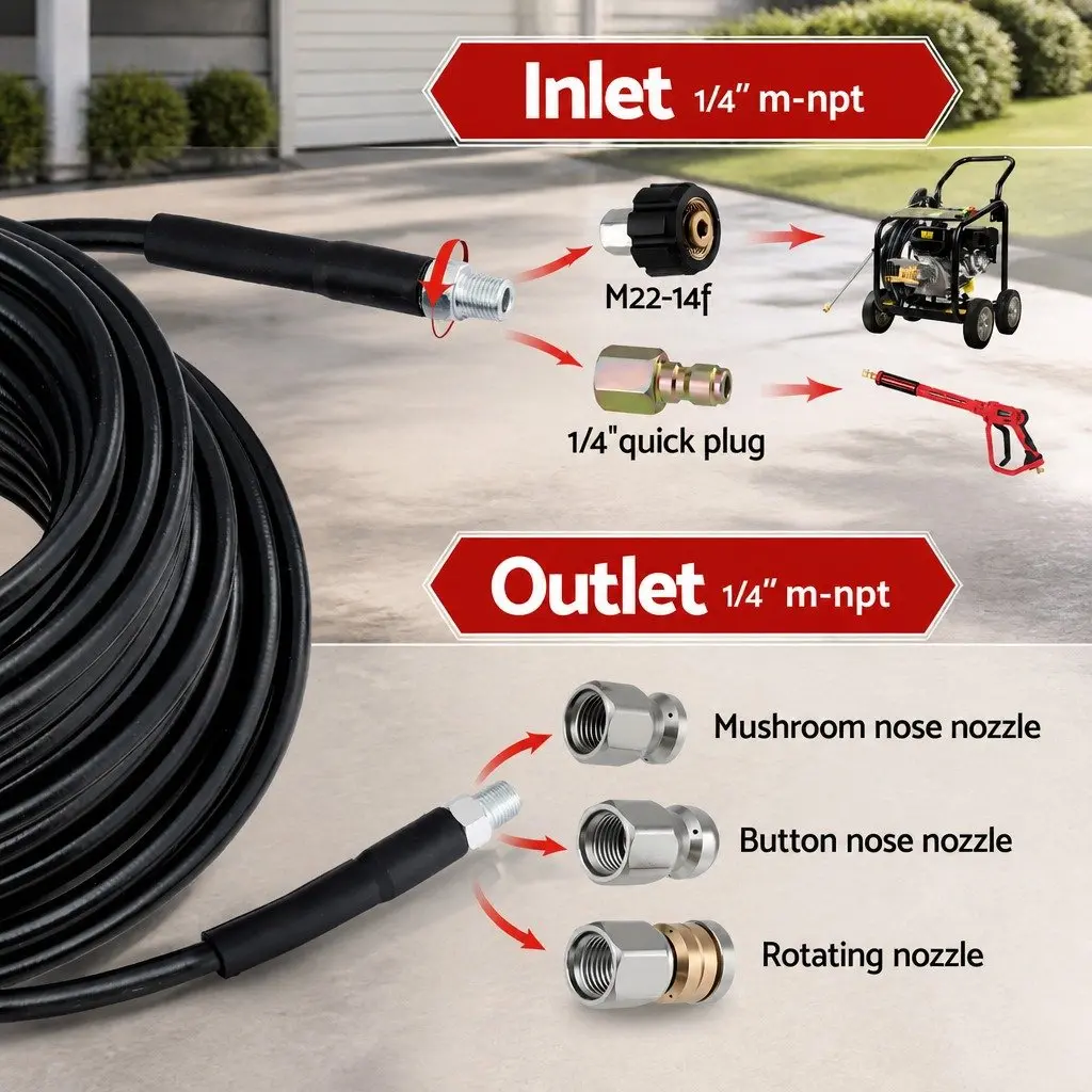 Pressure Washer Sewer Jetting Hose Kit 30M Drain Cleaning 5800PSI Black