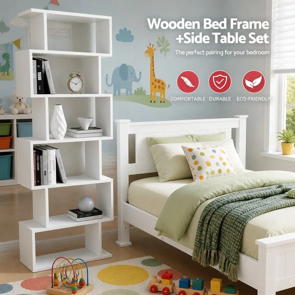 King Single Bed Frame with S-Shape Display Bookshelf Storage Set White
