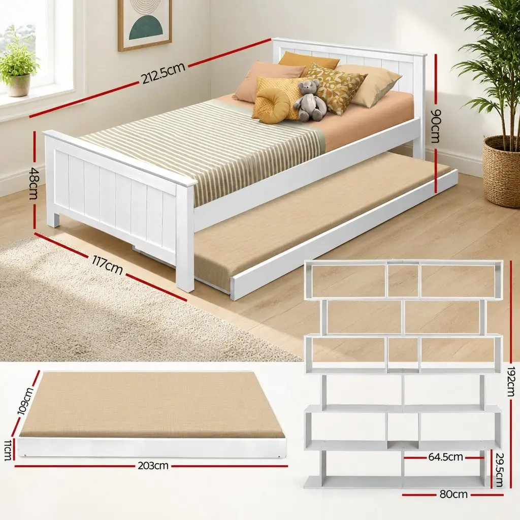 Bed Frame with Trundle and Display Shelf White King Single Size