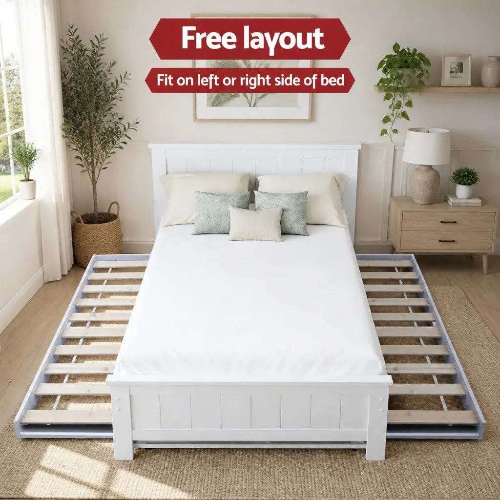 Bed Frame with Trundle and Display Shelf White King Single Size
