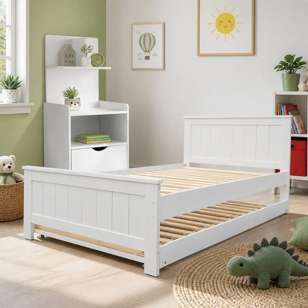 King Single Bed Frame with Trundle and Bedside Table Storage White