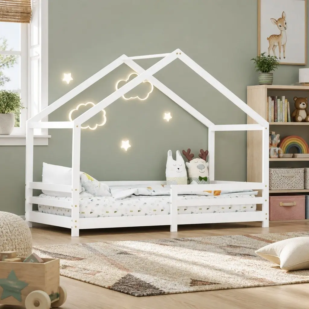 Kids House Bed Frame Single White Wooden Bedroom Furniture for Children