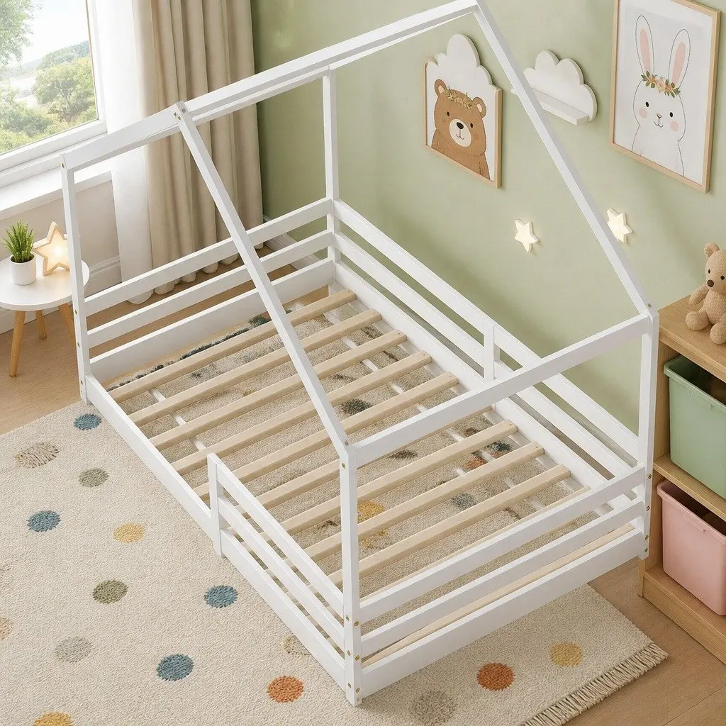 Kids House Bed Frame Single White Wooden Bedroom Furniture for Children