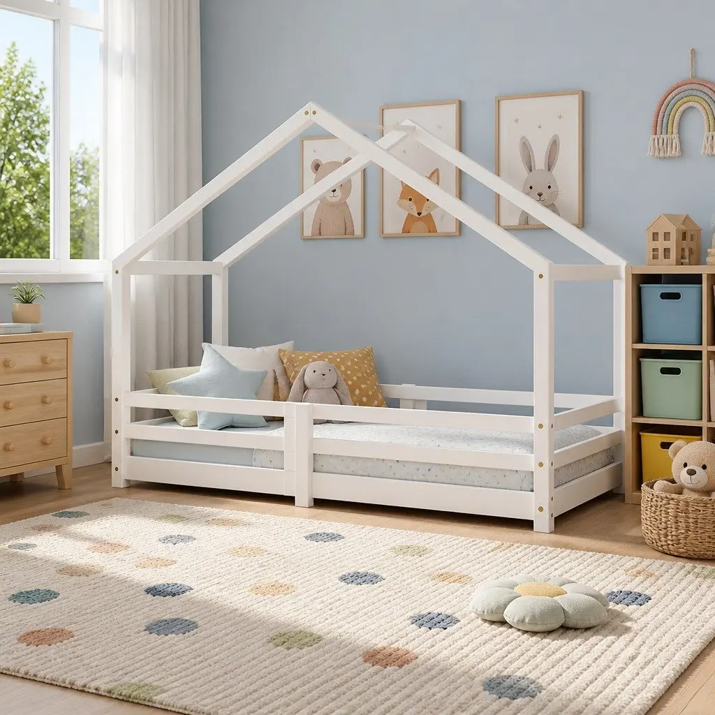 Kids House Bed Frame Single White Wooden Bedroom Furniture for Children