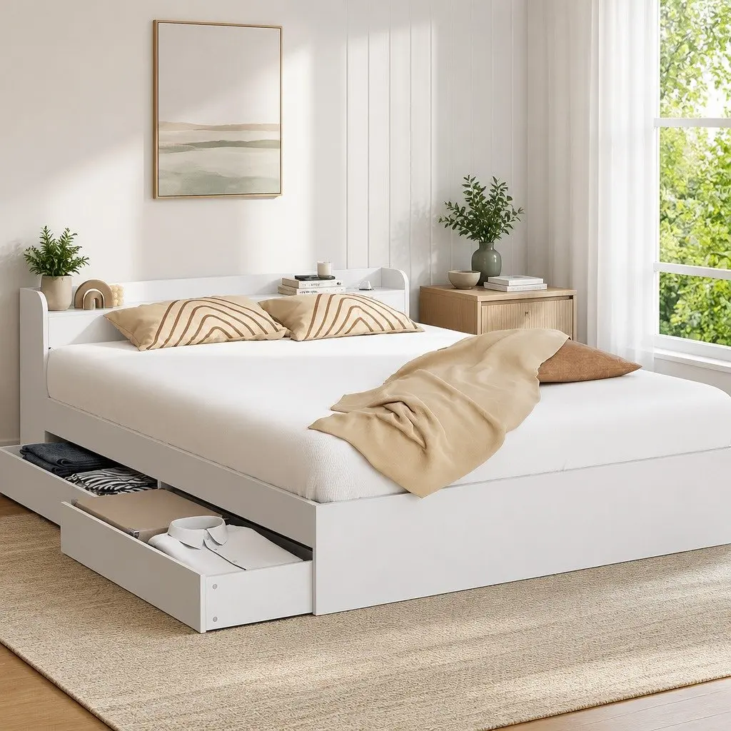 Double Bed Frame with USB Ports & Headboard Storage