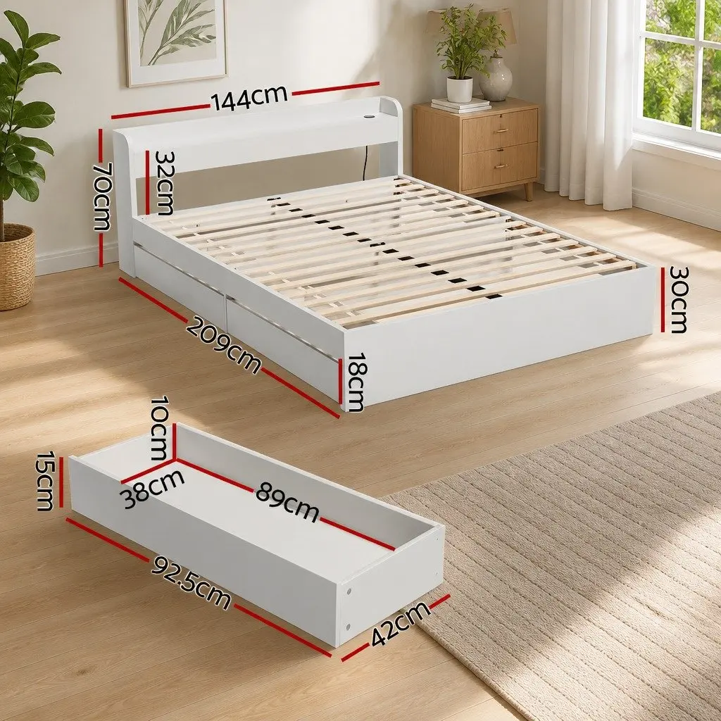 Double Bed Frame with USB Ports & Headboard Storage