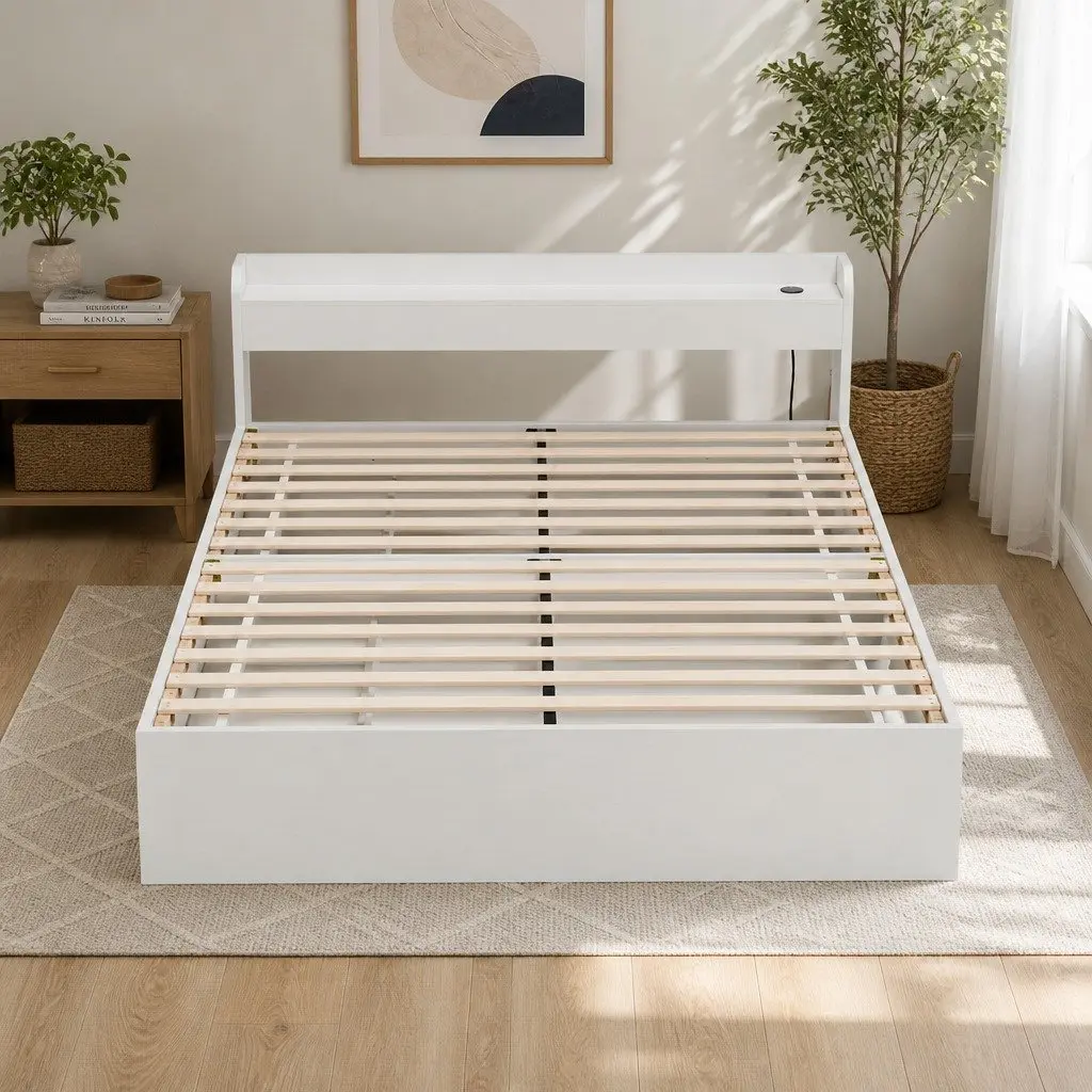 Double Bed Frame with USB Ports & Headboard Storage