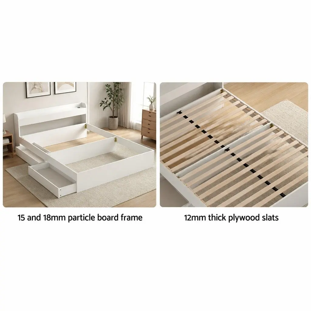 Double Bed Frame with USB Ports & Headboard Storage