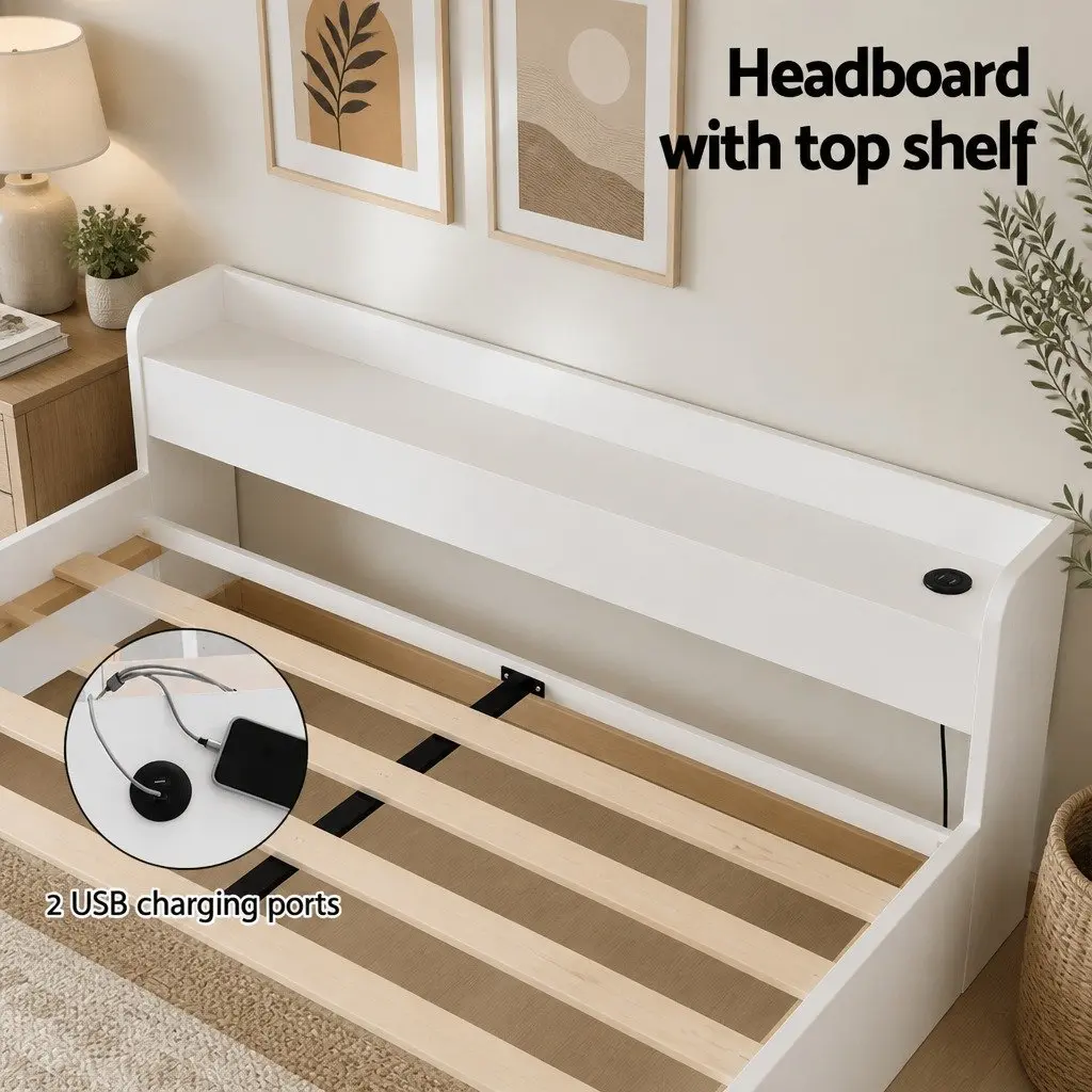 Double Bed Frame with USB Ports & Headboard Storage