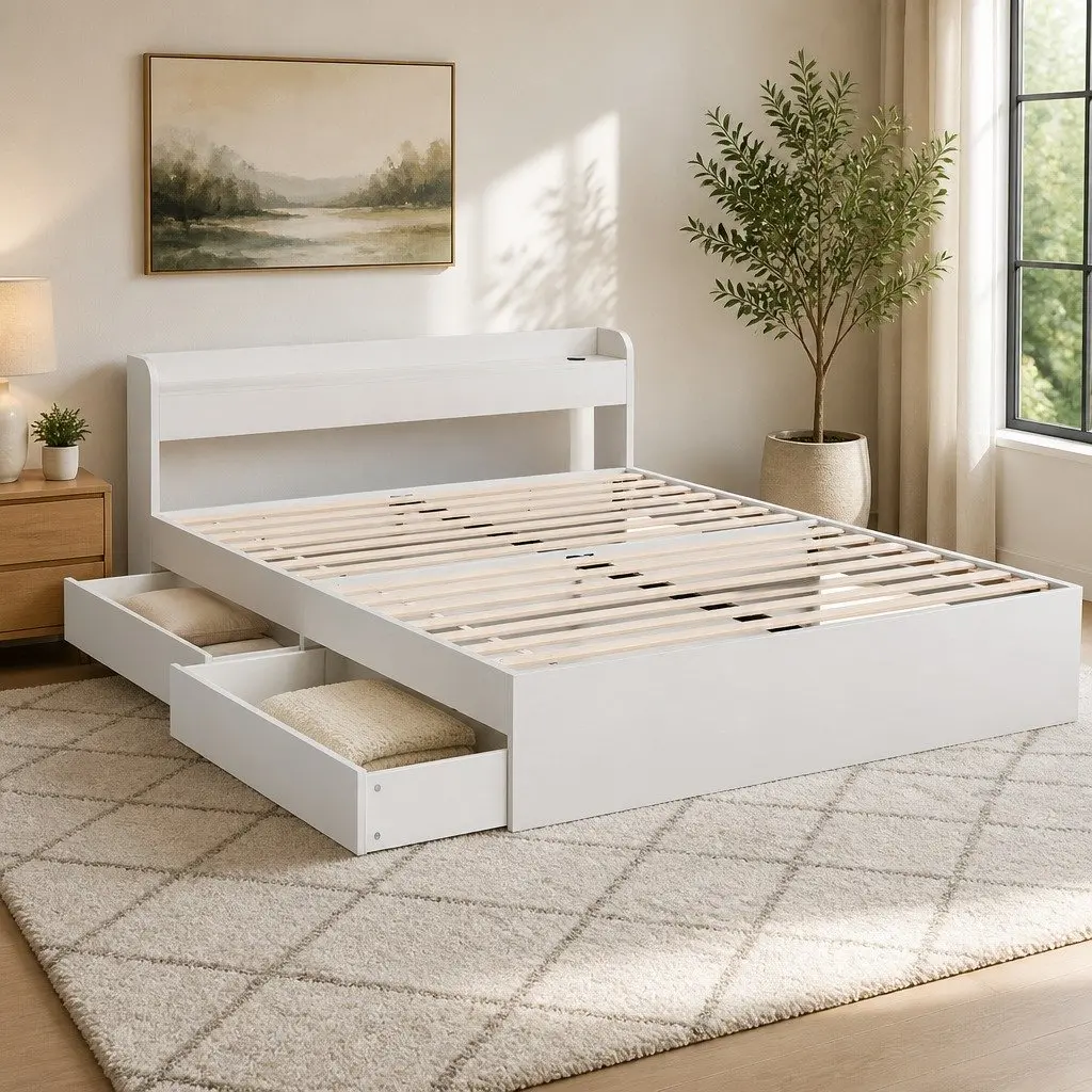 Double Bed Frame with USB Ports & Headboard Storage
