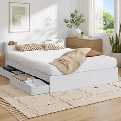 Queen Size Bed Frame with 2 USB Charging Ports Storage Drawers White Bedroom