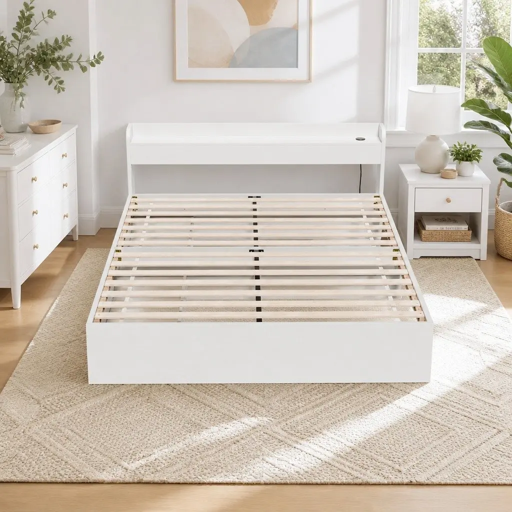 Queen Bed Frame with Charging and Storage Options