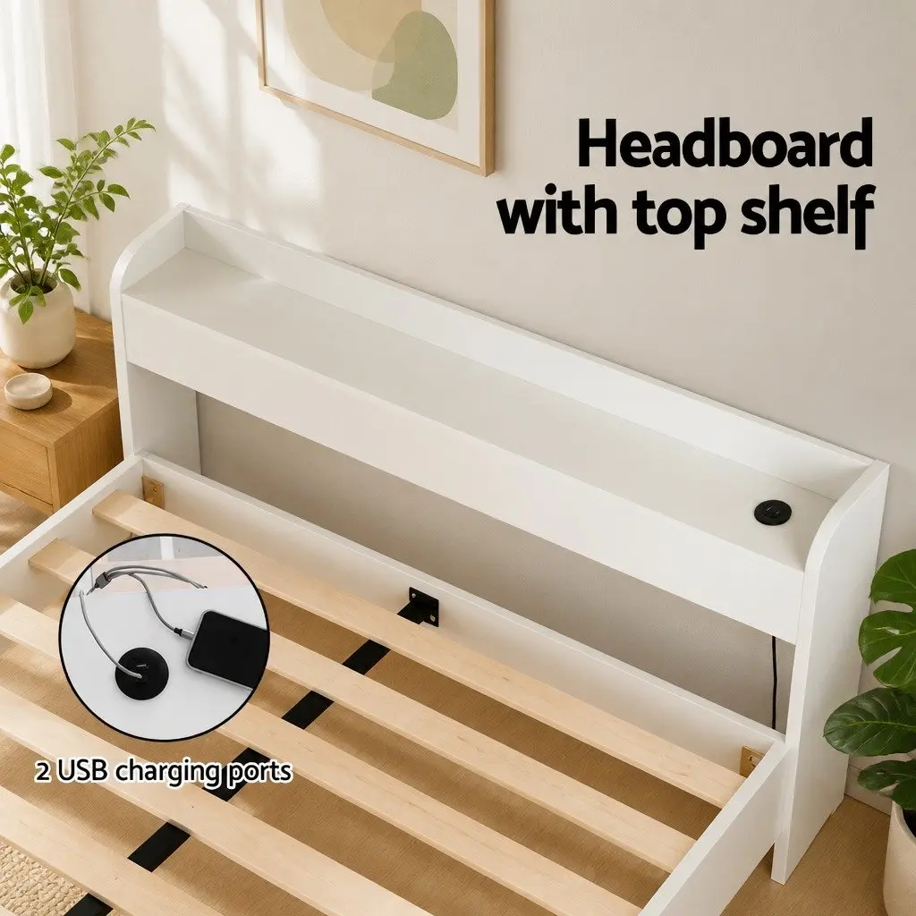 Queen Bed Frame with Charging and Storage Options