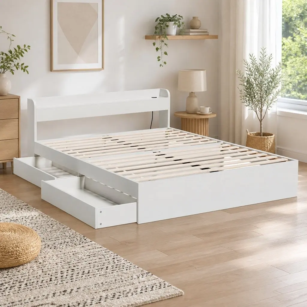 Queen Bed Frame with Charging and Storage Options