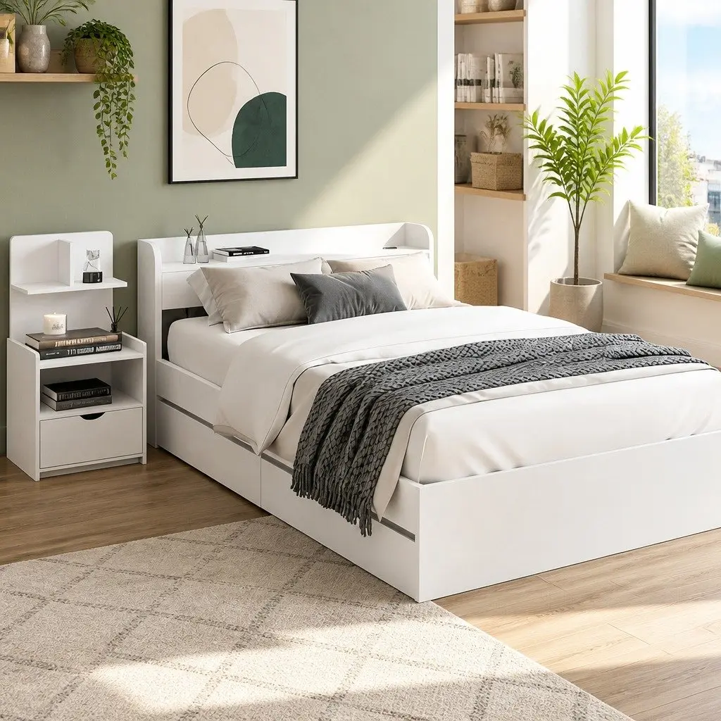 Single Bed Frame with Charging Ports and Bedside Table with Storage Drawers White