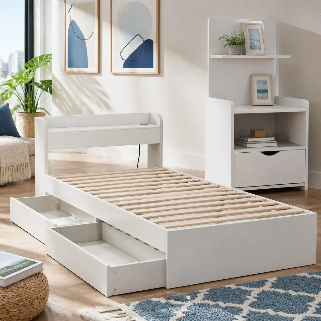 Single Bed Frame with Charging Ports and Bedside Table with Storage Drawers White