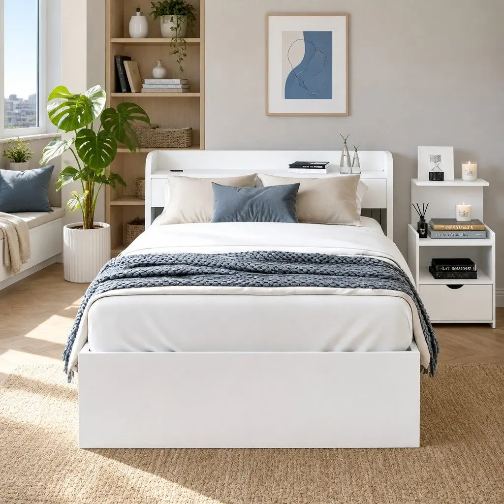 Single Bed Frame with Charging Ports and Bedside Table with Storage Drawers White
