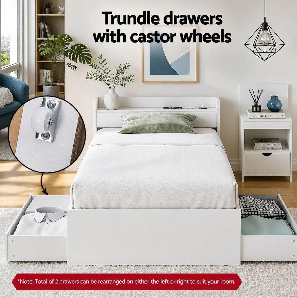 Single Bed Frame with Charging Ports and Bedside Table with Storage Drawers White