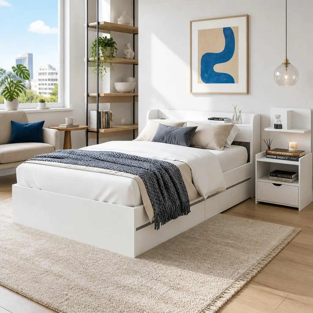 Single Bed Frame with Charging Ports and Bedside Table with Storage Drawers White