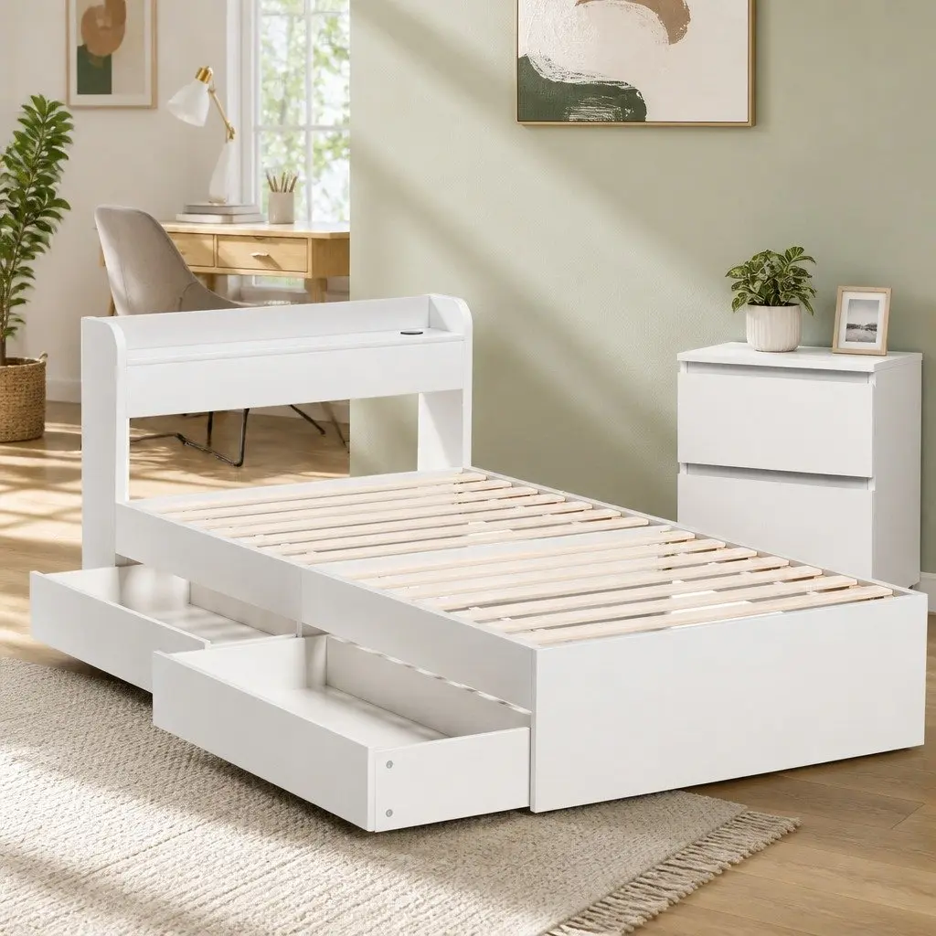 Single Bed Frame with Bedside Table Storage White Wooden Bedroom Set