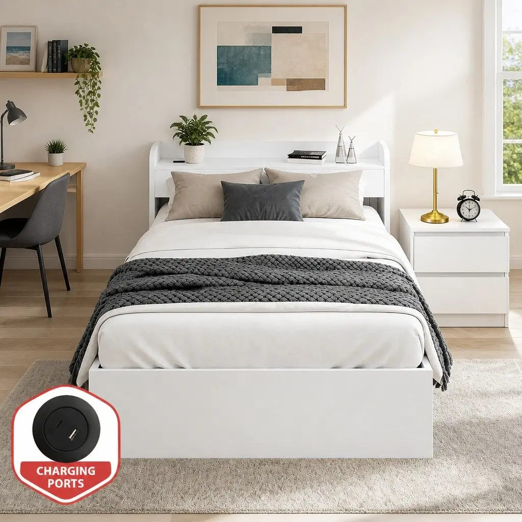 Single Bed Frame with Bedside Table Storage White Wooden Bedroom Set