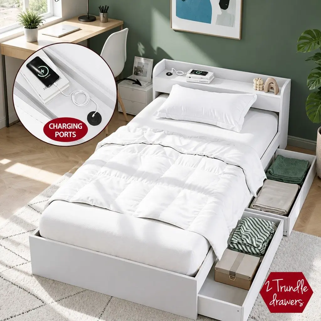 Single Bed Frame with Bedside Table Storage White Wooden Bedroom Set