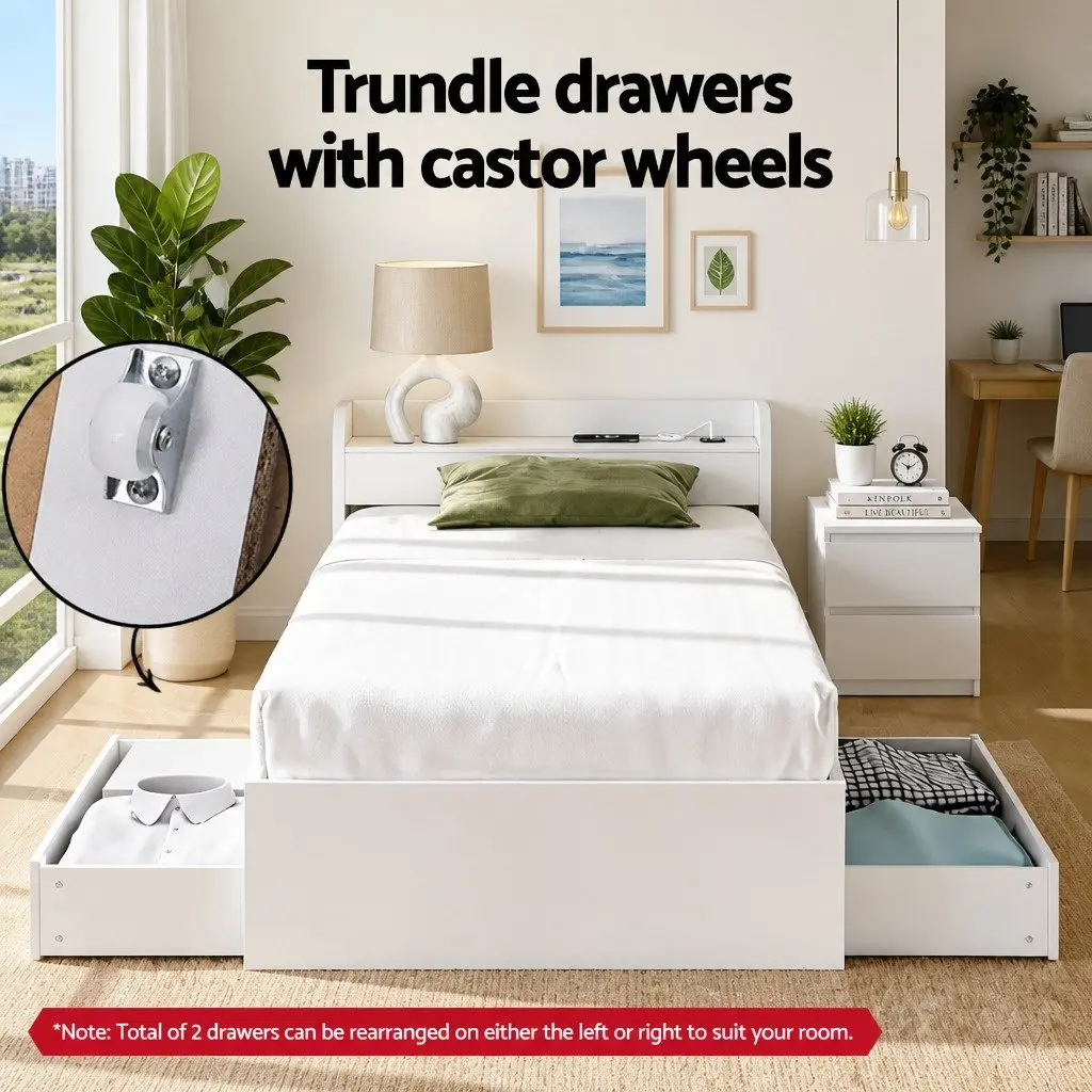 Single Bed Frame with Bedside Table Storage White Wooden Bedroom Set