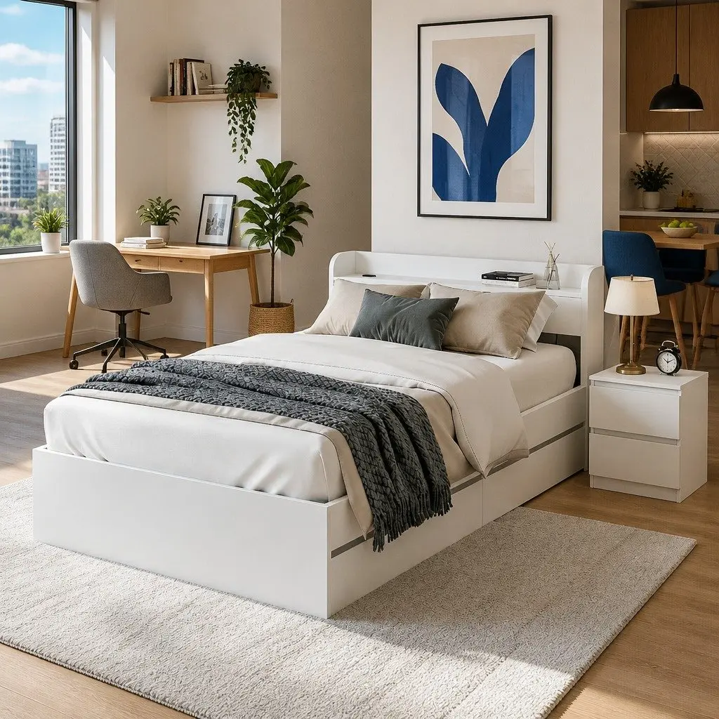 Single Bed Frame with Bedside Table Storage White Wooden Bedroom Set