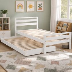 Durable Wooden 2-in-1 Trundle Bed Frame in White