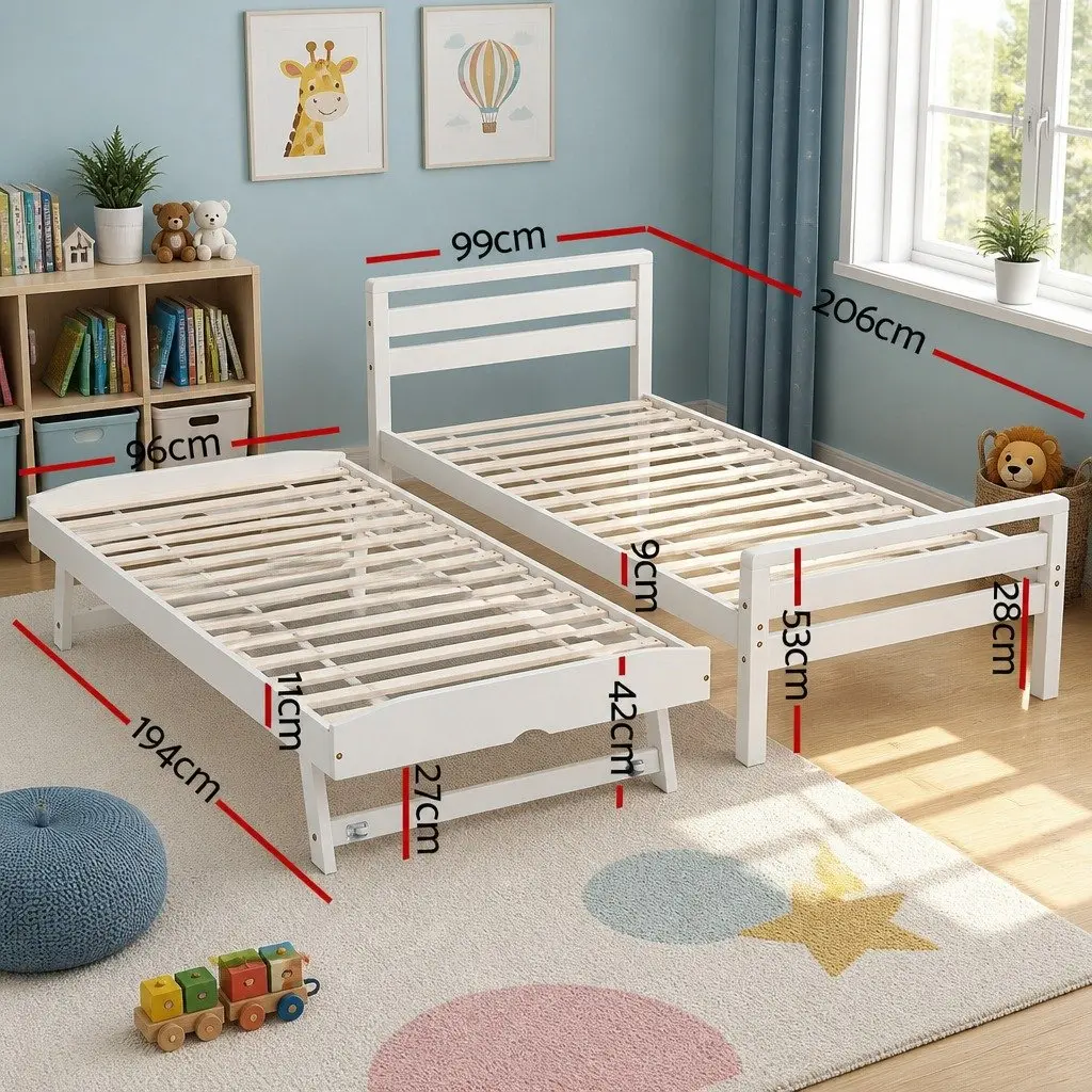 Wooden 2-in-1 Trundle Bed Frame in White