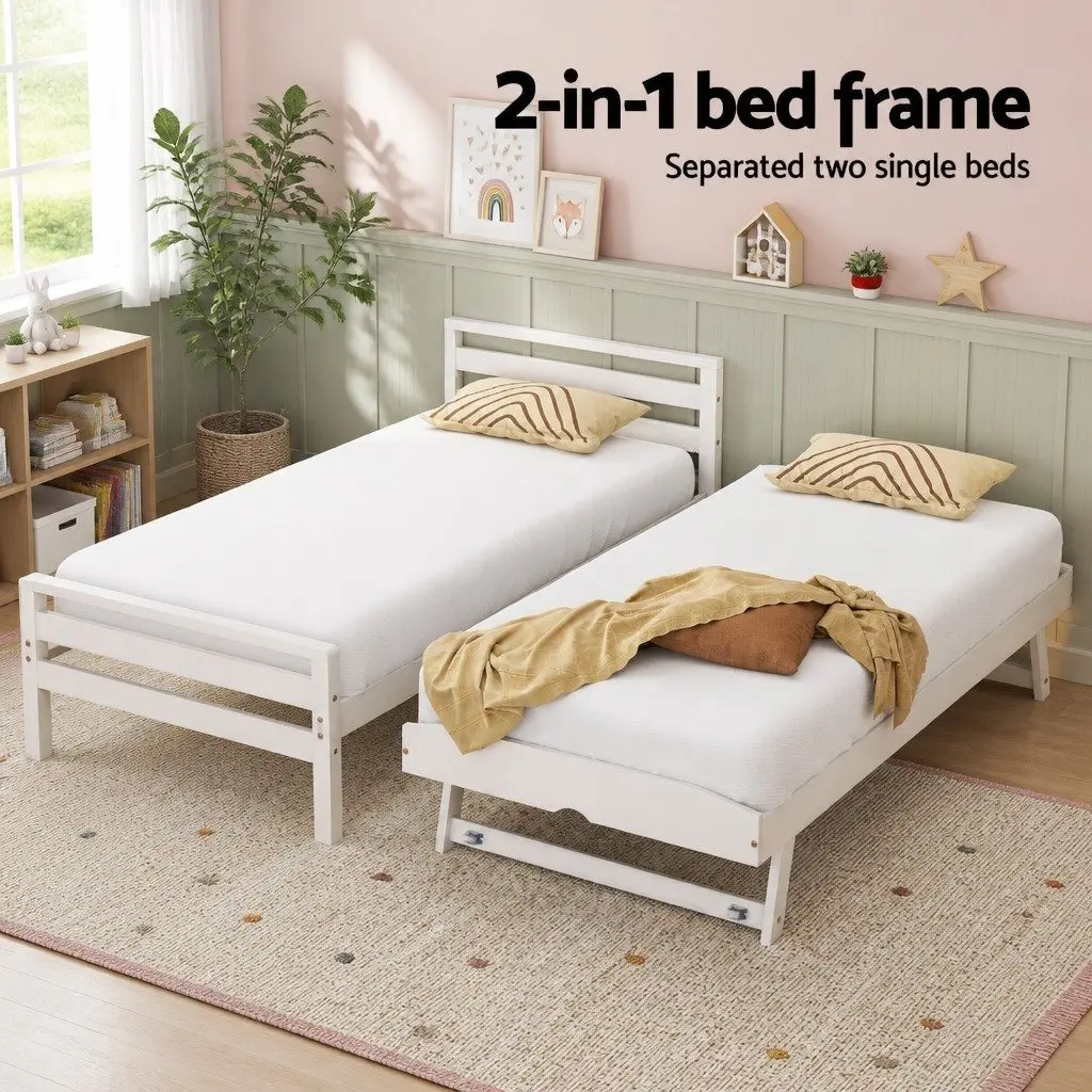 Wooden 2-in-1 Trundle Bed Frame in White