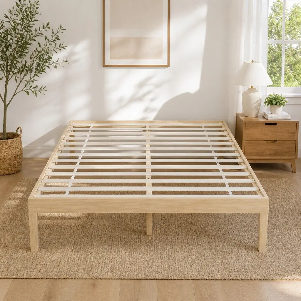 Queen Size Wooden Bed Frame Pine Timber Platform Slat Base Minimalist Bedroom Pine