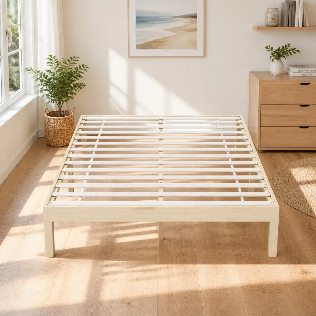 Queen Size Wooden Bed Frame Pine Timber Platform Slat Base Minimalist Bedroom Pine