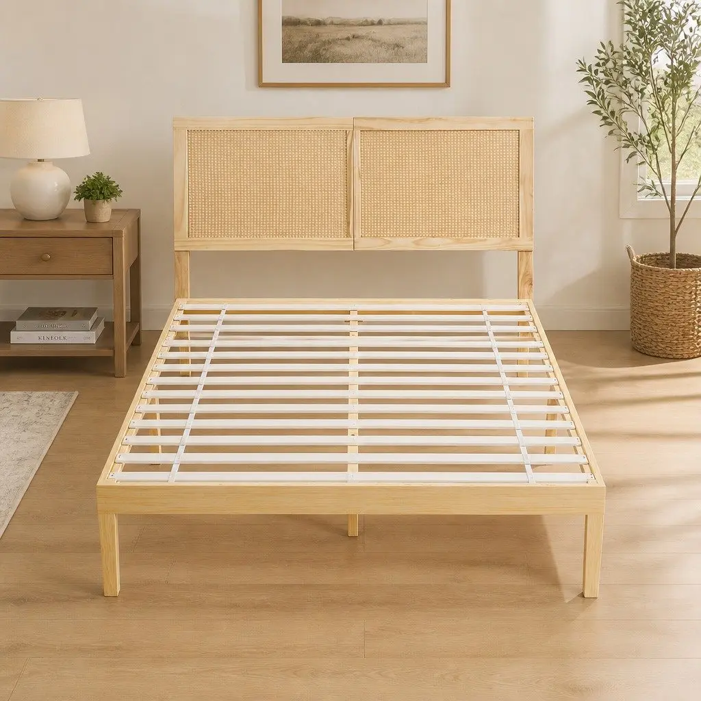 Double Bed Frame with Rattan Headboard