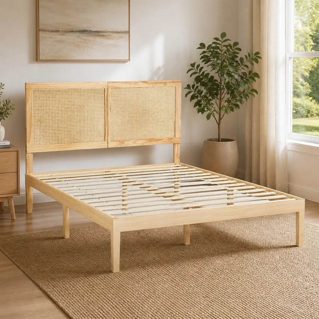 Double Bed Frame with Rattan Headboard