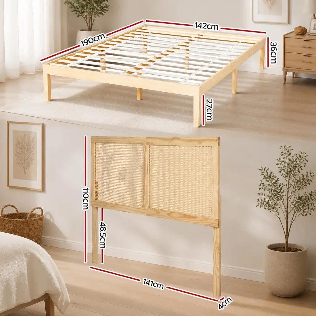 Double Bed Frame with Rattan Headboard