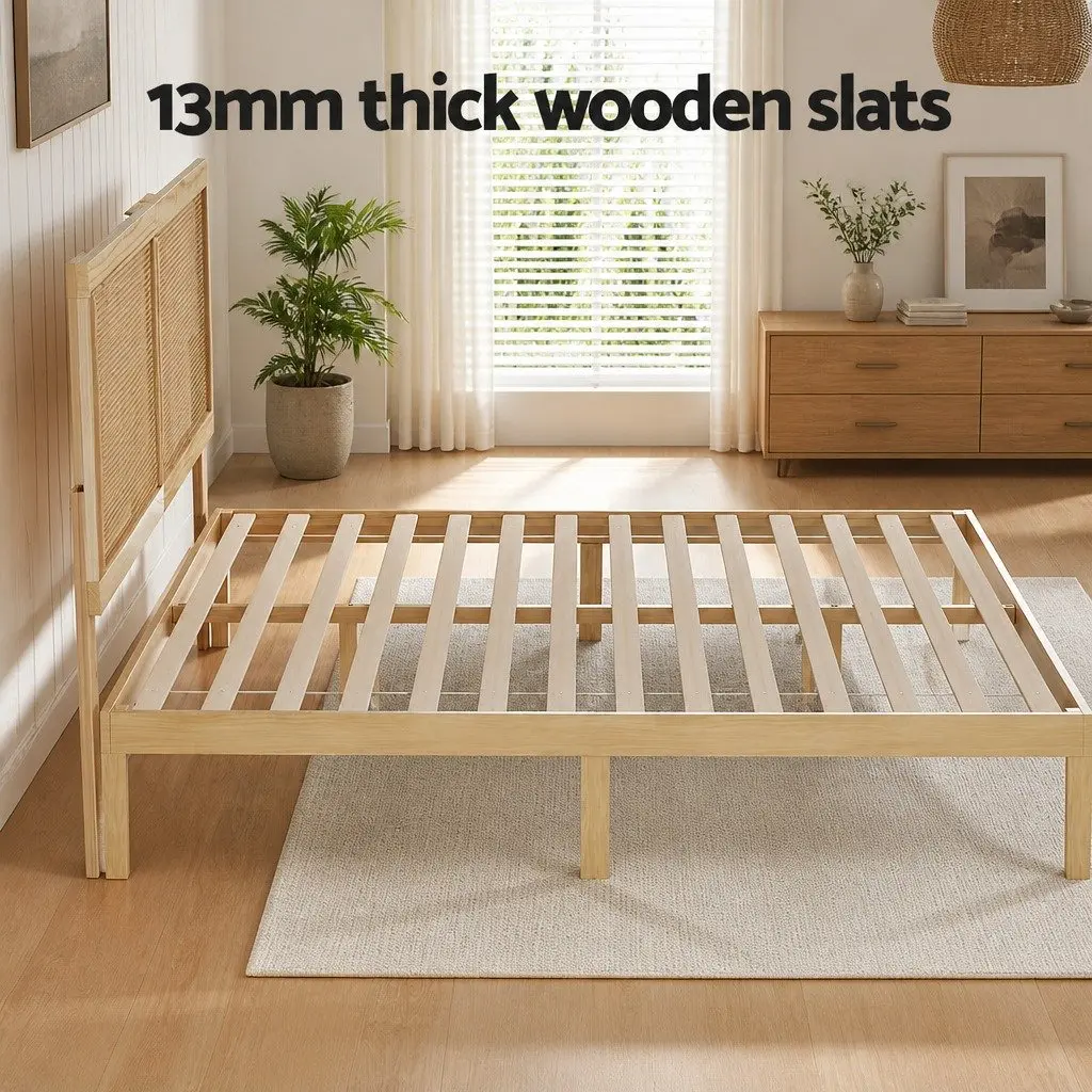 Double Bed Frame with Rattan Headboard
