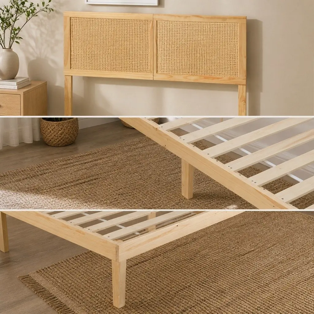Double Bed Frame with Rattan Headboard