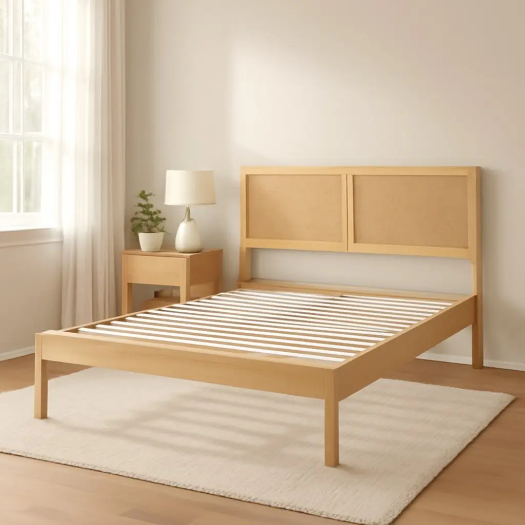 Queen Size Bed Frame Rattan Headboard Wooden Base Pine Oak